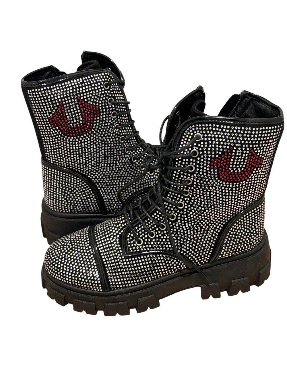 True Religion Black Crystal Lace-Up Combat Boots with Red Logo Size 9
